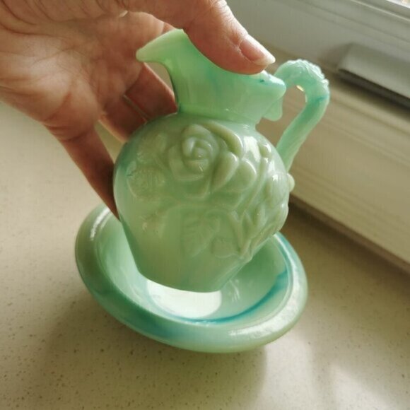 Vintage Avon Blue Roses Glass Mini Pitcher and Dish, Victoriana Jadeite Milk - Picture 2 of 4